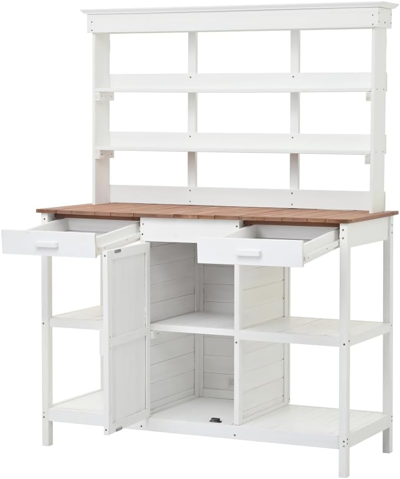 Sturdy Farmhouse-Style Wooden Potting Bench for Outdoor Gardening, Spacious Work Surface with Storage Shelves, Drawers and Cabinet (White + Solid Wood + Wood)