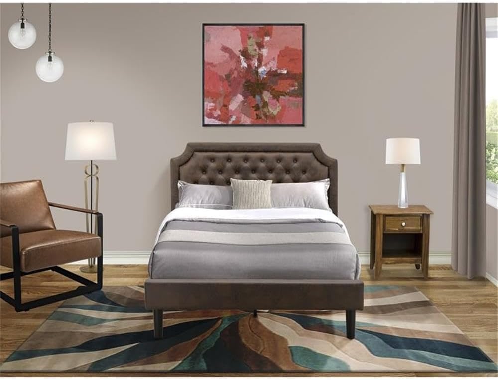 East West Furniture GB25F-1GA08 2-Piece Granbury Full Size Bed Set with Button Tufted Platform Bed and an Antique Walnut Night Stand - Dark Brown Faux Leather with Black Texture and Black Legs