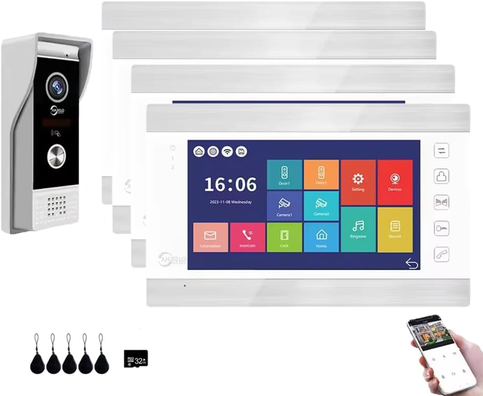 Video Apartment Doorbell Intercom,Doorbell Camera,1080P HD Touch Screen Monitor(White) with Camera,TUYA WiFi Ring Doorbell Wired,Night Vision,Motion Detection,Two Way Audio (1 Bell+4 white Monitor)