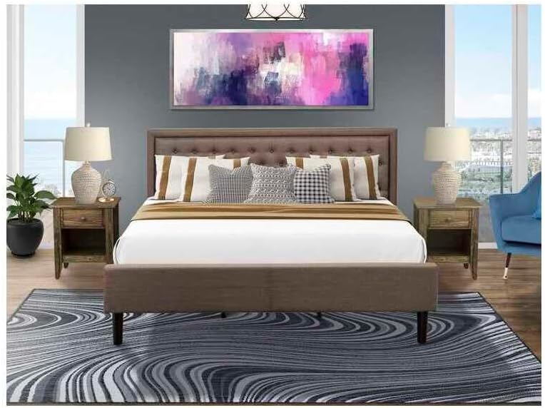 HomeStock Antique 3 Pc King Size Bedroom Set 1 Wooden Bed Frame Brown Linen Fabric Padded and Button Tufted Headboard 2 Night Stands with Wood Drawer Black Finish Legs