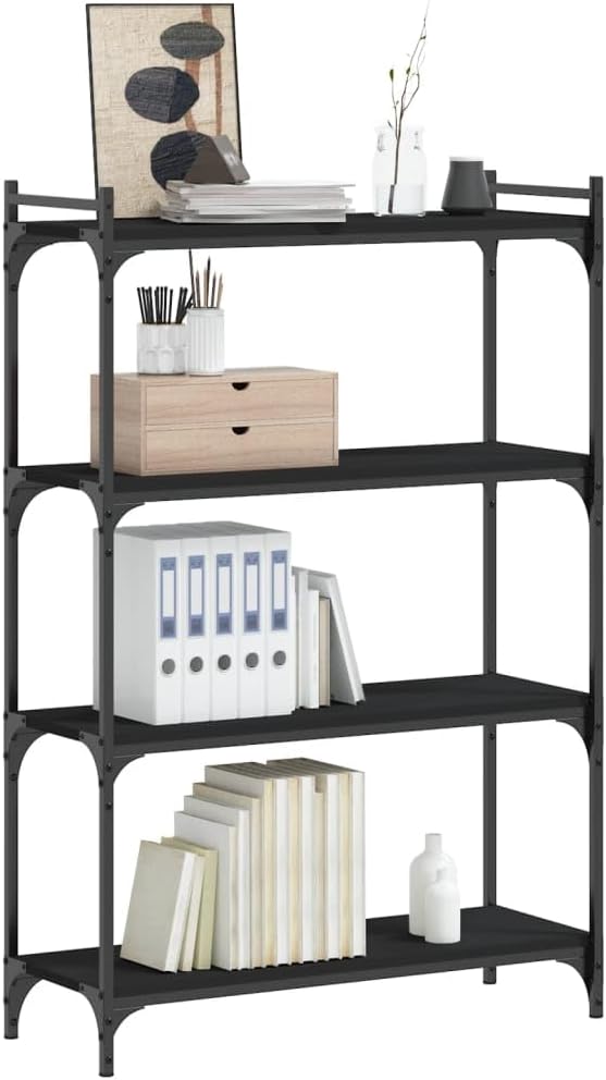 4-Tier Industrial Bookcase, Black Engineered Wood & Metal Frame, Stable Storage Shelf for Living Room, Office, Bedroom, Adjustable Feet