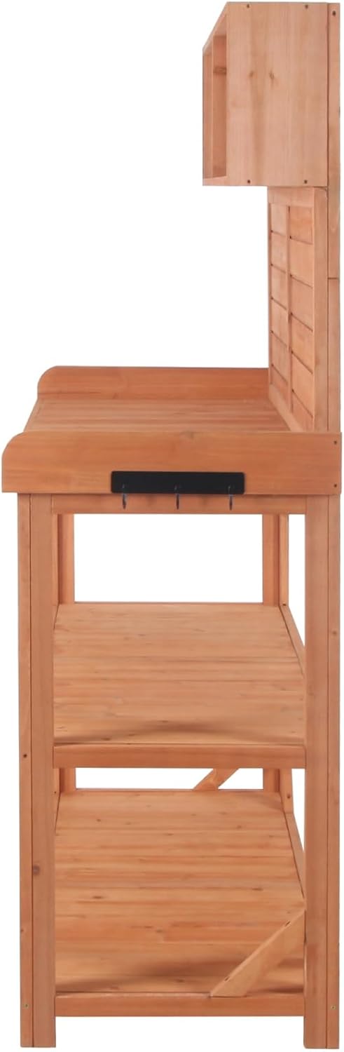 65' Large Wooden Farmhouse Rustic Outdoor Potting Bench Table, Patio Workstation, Garden Potting Bench with 4 Storage Shelves and Side Hook,Natural