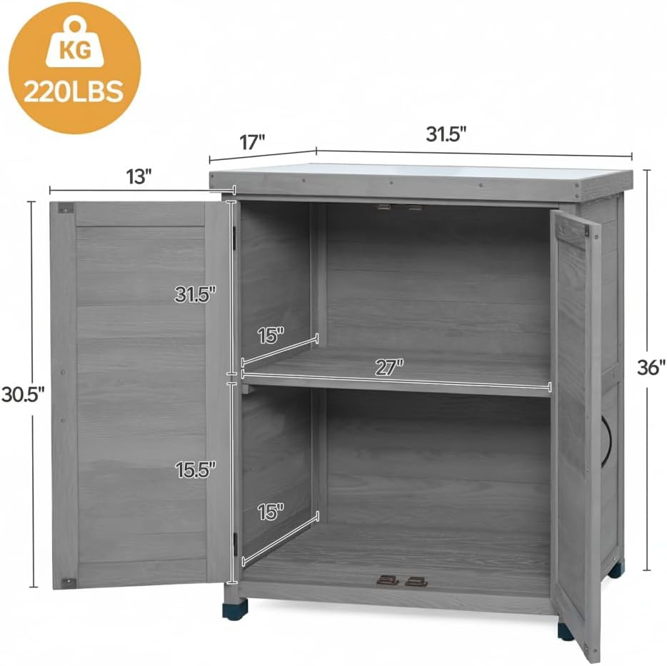 Outdoor Potting Bench–Metal Top Workstation for Patio,Garage,Garden,Gray | Galvanized Surface|Large Cabinet Organizes Tools,Pots,Soil|Wood Frame|Open Shelf|Hooks|Easy Assembly