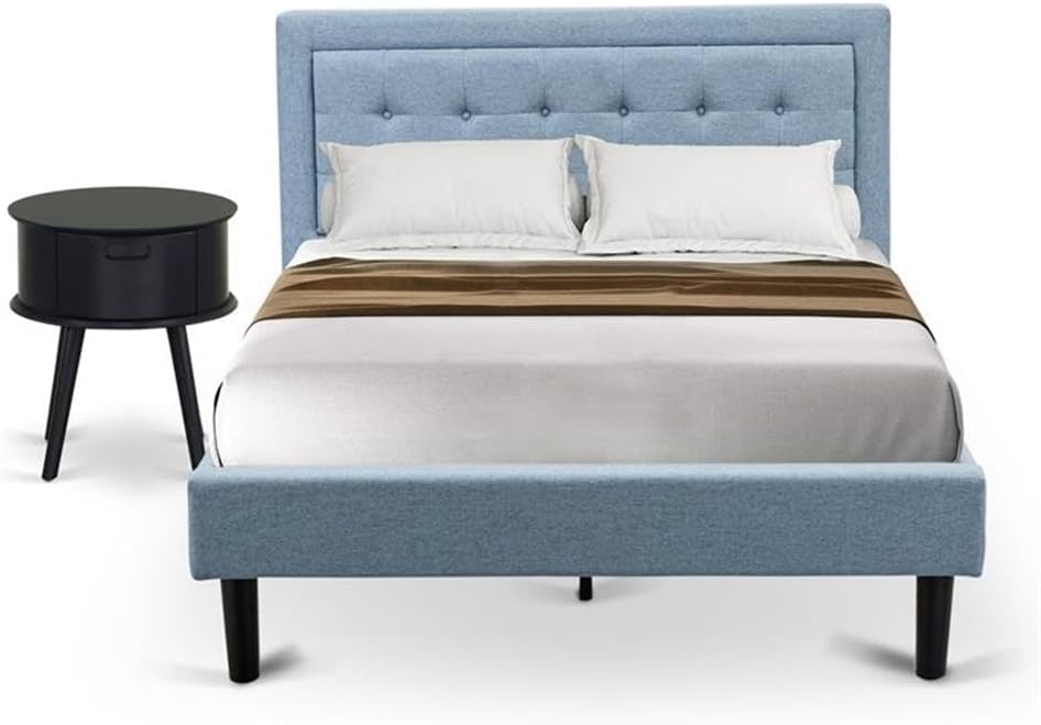 East West Furniture FN11F-1GO15 2-Pc Platform Full Size Bed Set with 1 Bed Frame and a Night Stand for Bedrooms - Reliable and Sturdy Construction - Denim Blue Linen Fabric