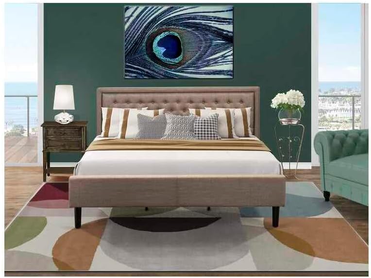 HomeStock Asian Allure 2 Pc Wooden Bedroom Set 1 King Size Bed Dark Khaki Linen Fabric Padded and Button Tufted Headboard 1 Nightstand with Wood Drawers Black Finish Legs