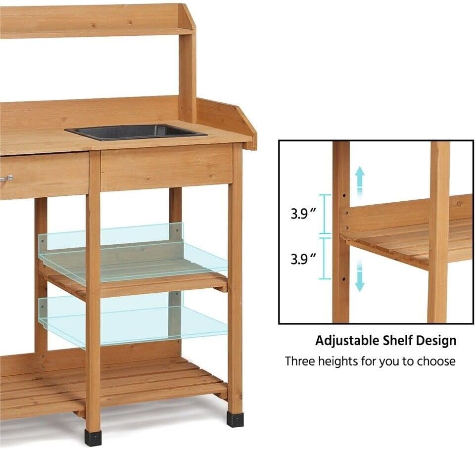Potting Bench Table Patio Outdoor Garden Work Station Planting Shelf Sink Drawer Solid Wood Construction, Deck, Balcony anXella (Color : B)