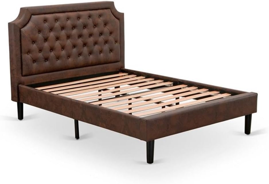 East West Furniture GB25F-1GA08 2-Piece Granbury Full Size Bed Set with Button Tufted Platform Bed and an Antique Walnut Night Stand - Dark Brown Faux Leather with Black Texture and Black Legs
