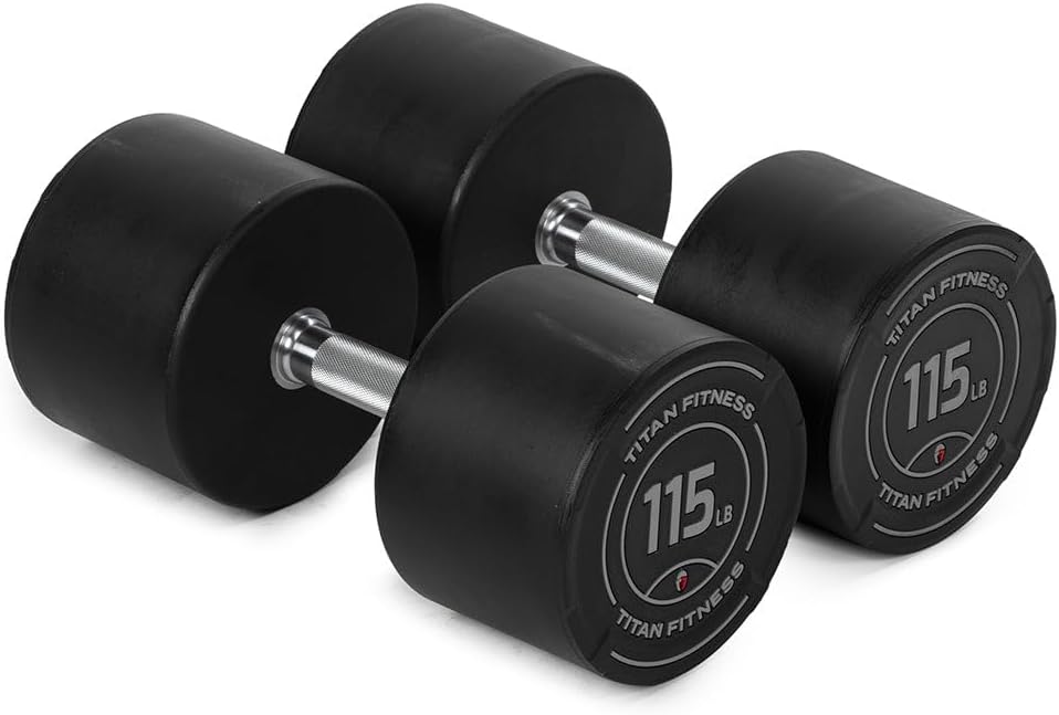 Titan Fitness Round Urethane Dumbbells, Medium Volcano Knurling, 33mm Grip, Easy-to-Read Weight Indicators, Free Weights for Strength Training