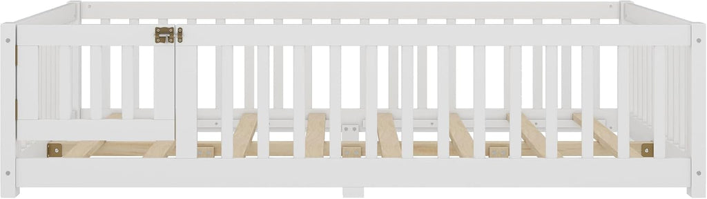 Full Size Floor Bed with Door and Fence for Kids, Montessori Floor Bed with Slats and Safety Guardrails,Solid Wood Full Bed Frame for Girls Boys(Full,White)