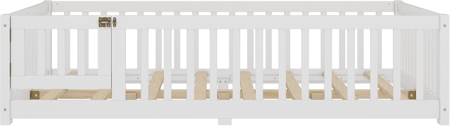 Full Size Floor Bed with Door and Fence for Kids, Montessori Floor Bed with Slats and Safety Guardrails,Solid Wood Full Bed Frame for Girls Boys(Full,White)