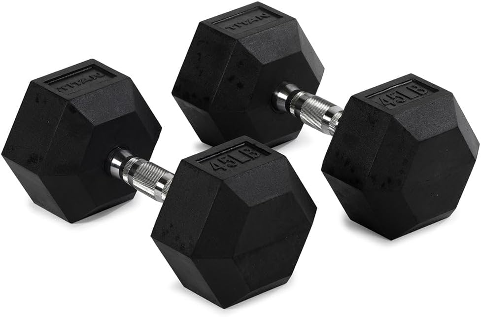 Titan Fitness Pair Rubber Coated Hex Dumbbells, Roll-Resistant Hexagonal Free Weights, Chrome-Coated Handles with Knurling, Strength Training Equipment