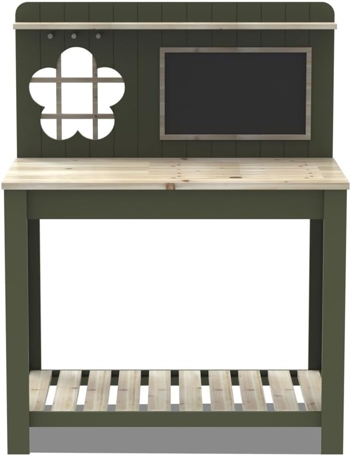 Outdoor Solid Wood Potting Bench, 2 Tier Potting Table with Sink and Hooks, Outdoor Potting Bench for Garden, Yard, Balcony, Garden Table with Tool Storage(Green)