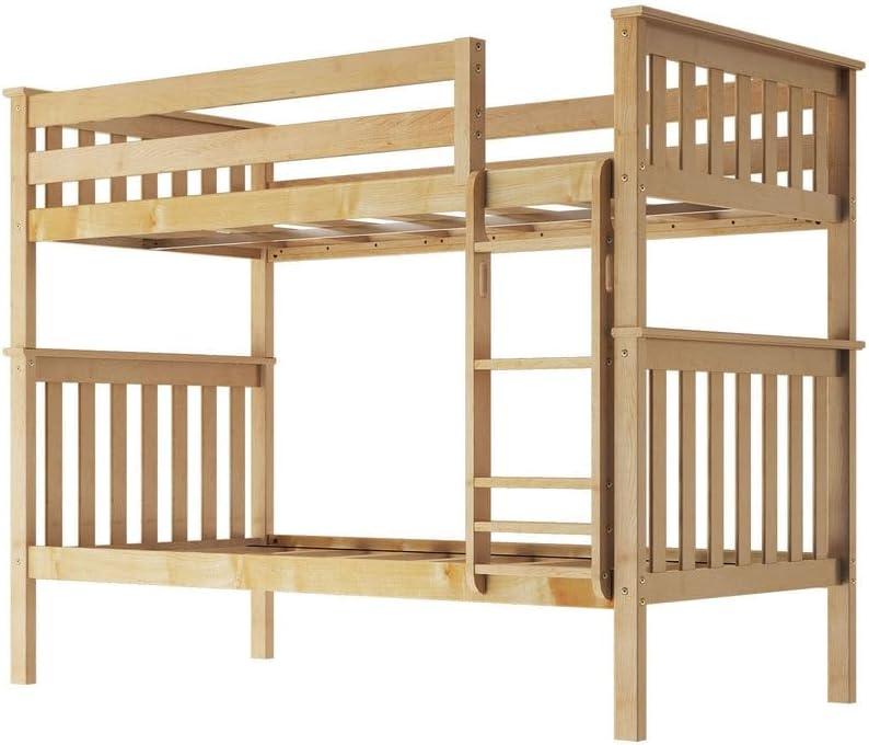 Max & Lily Bunk Bed Twin over Twin, Solid Wood Bunk Bed Frame with Ladder for Kids, 14' Safety Guardrails, Easy Assembly, No Box Spring Needed, Natural
