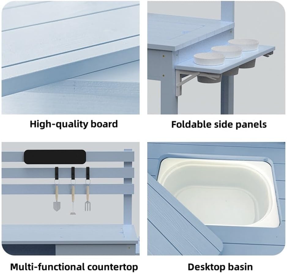 Outdoor Potting Bench with Blackboard and Sink, Multi-Functional Garden Workbench Table for Courtyard, Balcony or Patio, Planting Table with Storage Shelves and Tool Rack(Blue)