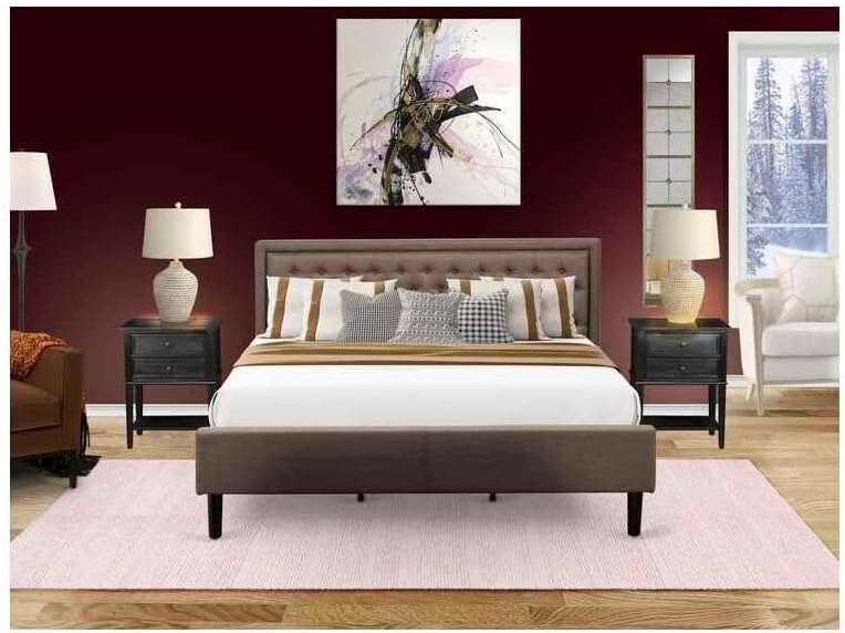 HomeStock Seaside Style 3 Piece King Bedroom Set 1 Bed Frame Brown Linen Fabric Padded and Button Tufted Headboard 2 Modern Nightstand with Wooden Drawers Black Finish Legs