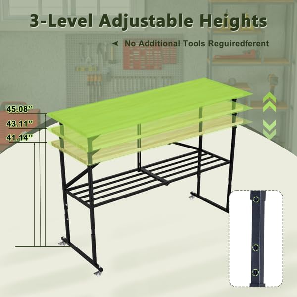 3-Level Height Adjustable Mobile Workbench, Hardwood Top with Steel Frame, Lockable 360° Wheels, Storage Shelf, Workshop Table for Garage, DIY Projects