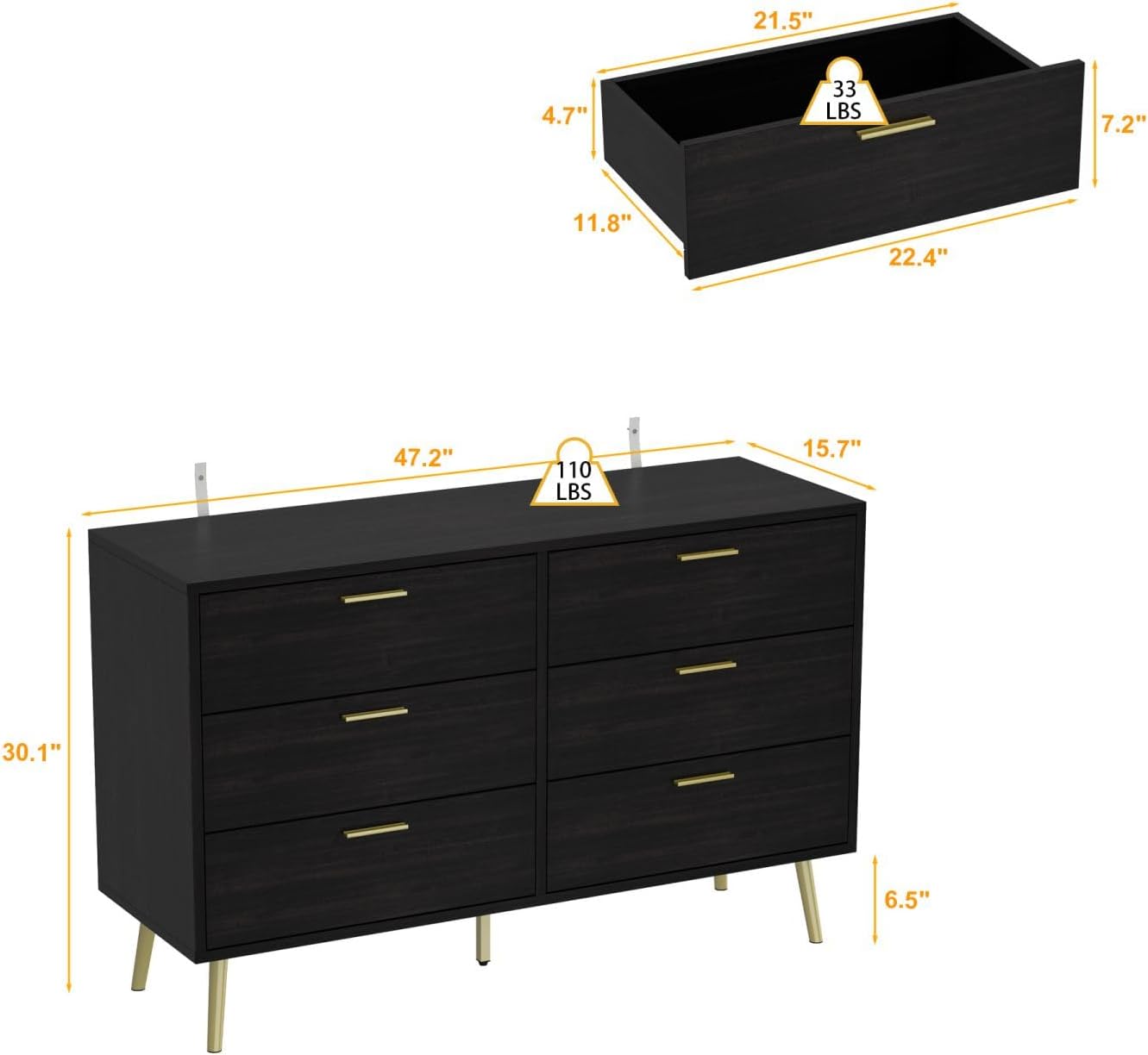 47.2' 6 Drawer Dresser, Modern 6-Drawer Chest with Gold Metal Handles, Bedroom Dresser with Gold Metal Legs, for Living Room Entryway Black (47.2'W x 15.7'D x 30.1'H)