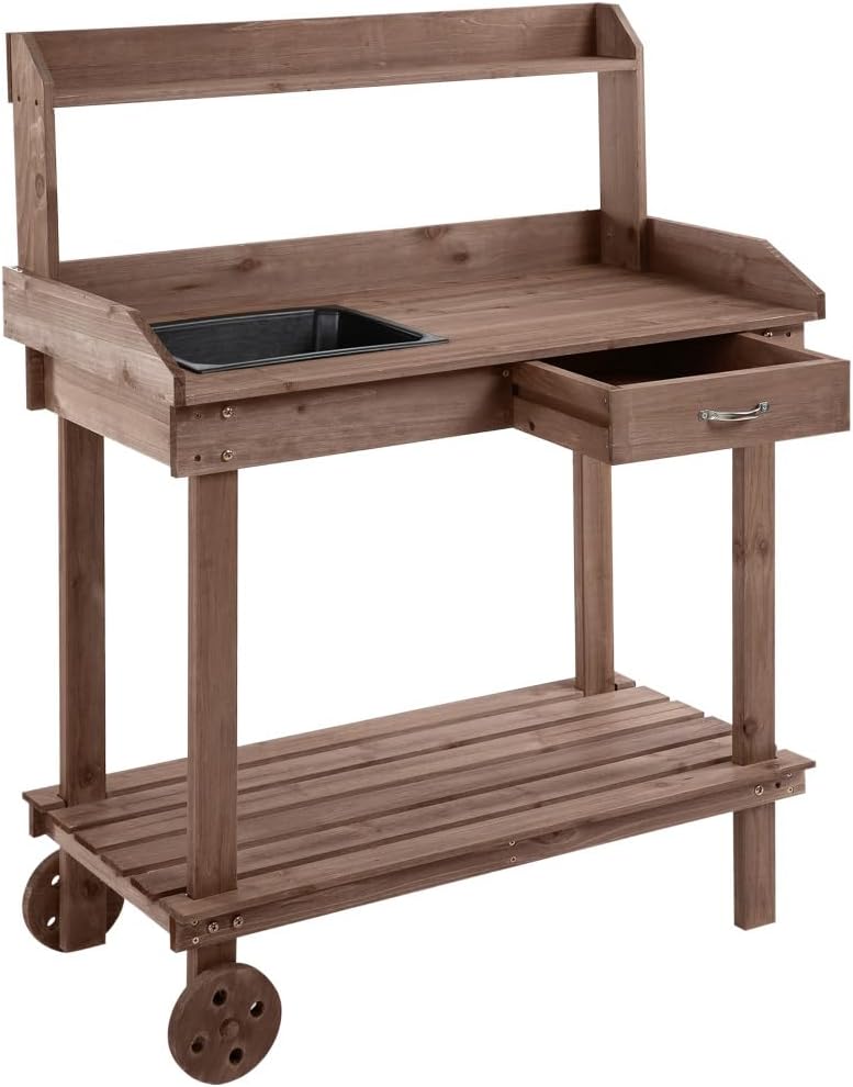 Wooden Potting Bench with Sink, Removable Wheels, Drawer and Multiple Shelves for Garden Tool Storage, Brown