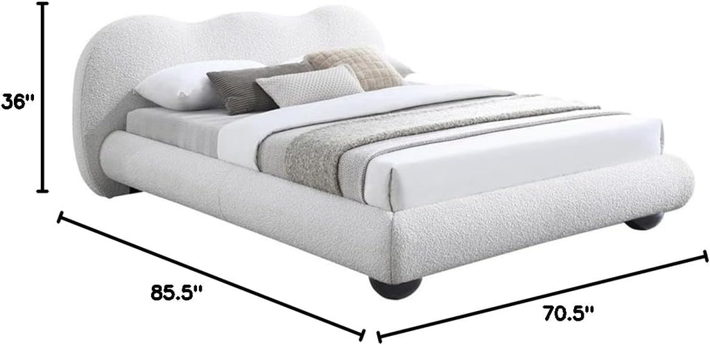 Meridian Furniture HydeCream-F Hyde Collection Modern | Contemporary Full Bed with Rich Cream Boucle Fabric, Both Natural and Black Finish Solid Wood Legs, 70.25' W x 85.5' D x 35.75' H, Cream, Full