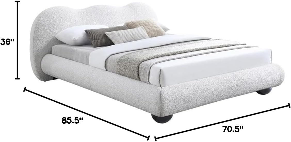 Meridian Furniture HydeCream-F Hyde Collection Modern | Contemporary Full Bed with Rich Cream Boucle Fabric, Both Natural and Black Finish Solid Wood Legs, 70.25' W x 85.5' D x 35.75' H, Cream, Full
