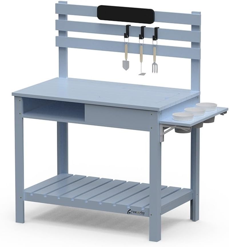 Outdoor Soild Wooden Potting Bench, Potting Bench with Sink, Multi Layer Storage Potting Table, Multi Function Garden Table with 3 Hooks, Gardening Table for Patio, Lawn and Porch(Blue)