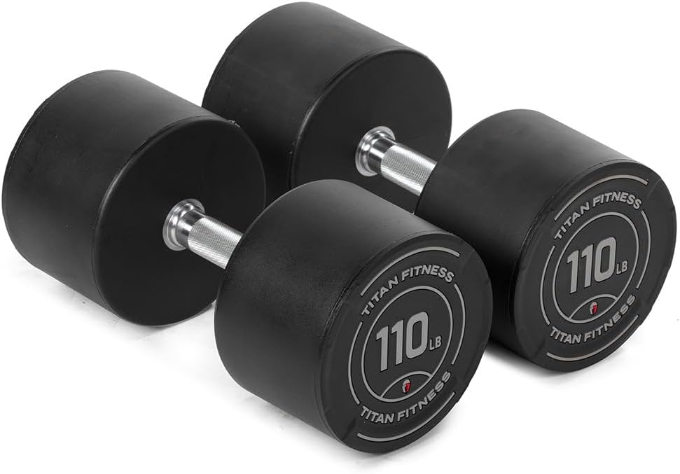 Titan Fitness Round Urethane Dumbbells, Medium Volcano Knurling, 33mm Grip, Easy-to-Read Weight Indicators, Free Weights for Strength Training
