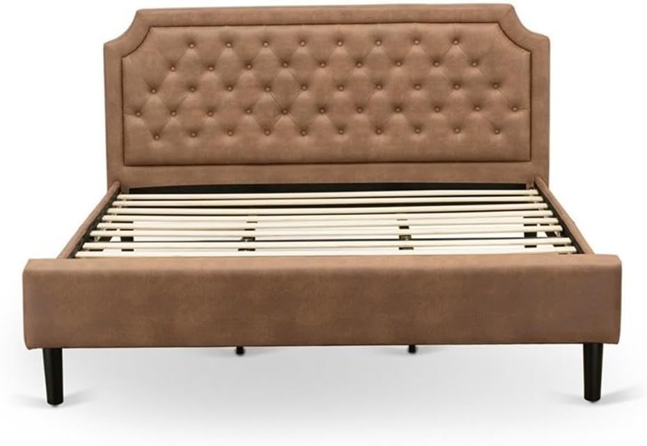East West Furniture GB28K-1VL07 2-Pc Platform Wooden Set for Bedroom with Button Tufted Bed and 1 Distressed Jacobean Mid Century Nightstand - Brown faux Leather with Brown Texture and Black Legs
