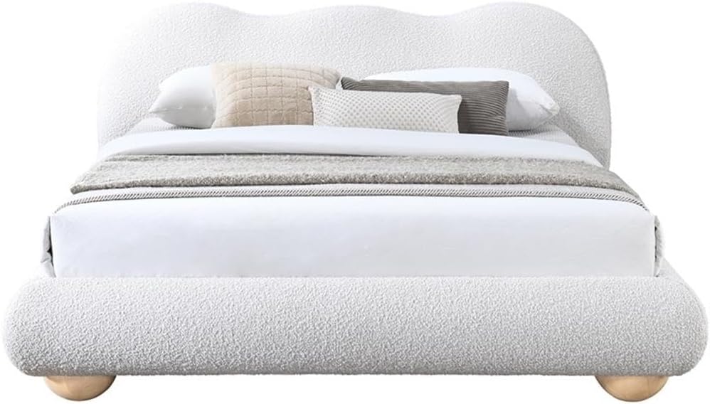 Meridian Furniture HydeCream-F Hyde Collection Modern | Contemporary Full Bed with Rich Cream Boucle Fabric, Both Natural and Black Finish Solid Wood Legs, 70.25' W x 85.5' D x 35.75' H, Cream, Full
