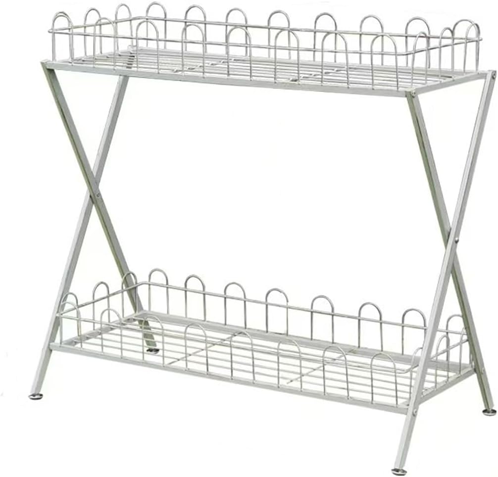 Garden Plant Stand,Outdoor Potting Bench Table,Old Balcony Iron Flower Stand with Fence,2 Tier Metal Waterproof Plant Shelf,for Living Room Patio Home Decor,White