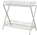 Garden Plant Stand,Outdoor Potting Bench Table,Old Balcony Iron Flower Stand with Fence,2 Tier Metal Waterproof Plant Shelf,for Living Room Patio Home Decor,White