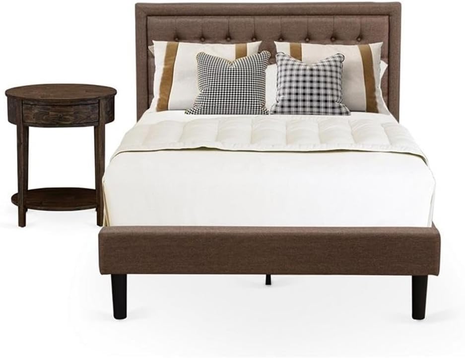 East West Furniture KD18F-1HI07 2 Piece Wood Bedroom Set - 1 Modern Bed Frame Brown Linen Fabric Padded and Button Tufted Headboard with 1 Wooden Nightstand - Distressed Jacobean Finish Nightstand