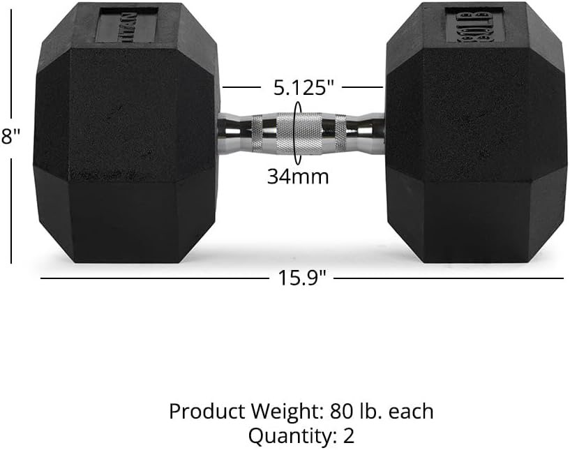 Titan Fitness Pair Rubber Coated Hex Dumbbells, Roll-Resistant Hexagonal Free Weights, Chrome-Coated Handles with Knurling, Strength Training Equipment