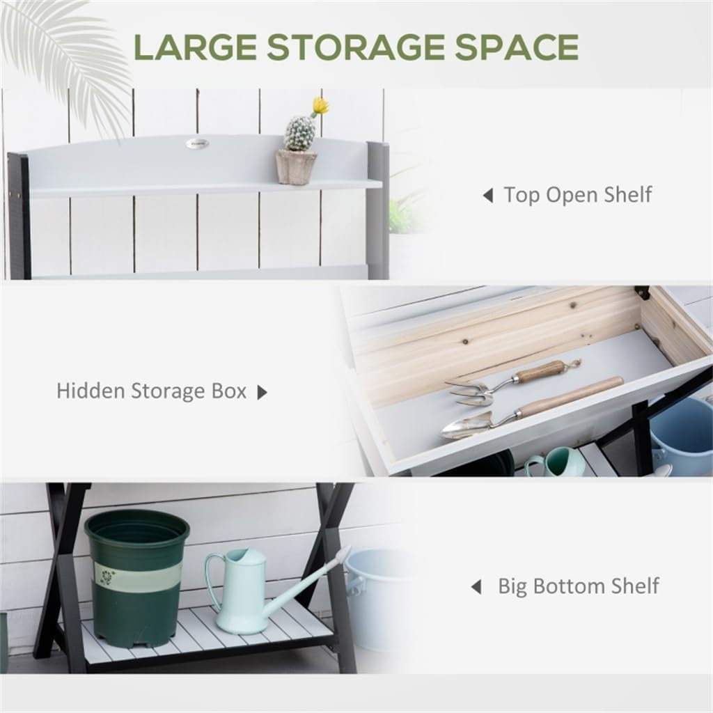 Potting Bench Table Garden Workstation with Hidden Storage Box and Shelves for Outdoor Backyard Gardens