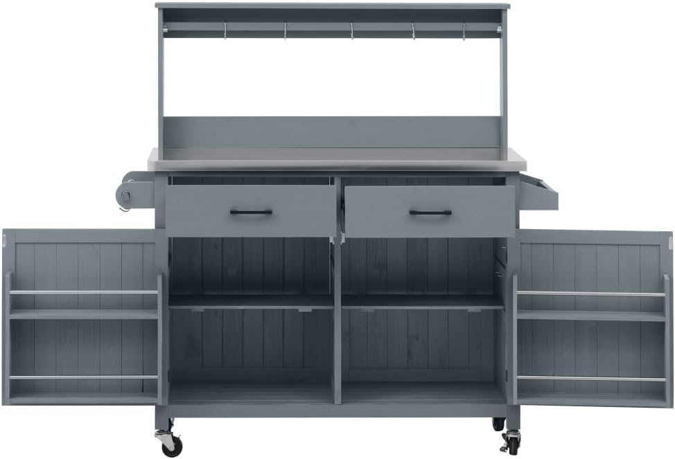 54.1' Outdoor Kitchen Island with High Shelf, Large Outdoor Garden Potting Bench Table with Stainless Steel Top and Storage Cabinet, Solid Wood Grill Cart With Lockable Wheels for BBQ (Grey Blue)