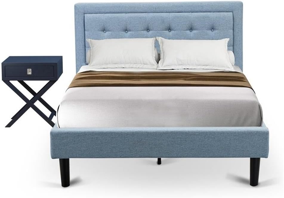 East West Furniture FN11F-1HA15 2-Piece Fannin Full Size Bedroom Set with 1 Wood Bed Frame and a Mid Century Modern Nightstand - Reliable and Durable Manufacturing - Denim Blue Linen Fabric