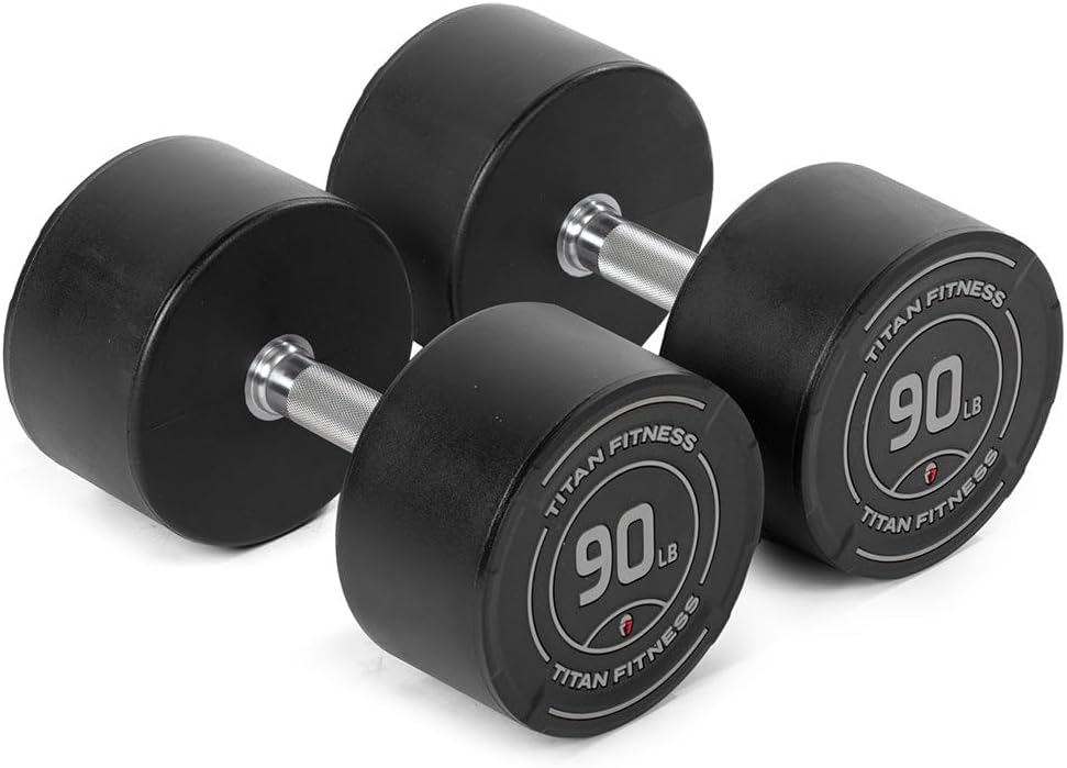 Titan Fitness Round Urethane Dumbbells, Medium Volcano Knurling, 33mm Grip, Easy-to-Read Weight Indicators, Free Weights for Strength Training