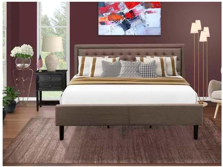 HomeStock Bohemian Bliss 2 Pc Wood Bedroom Set 1 Bed Frame Brown Linen Fabric Padded and Button Tufted Headboard 1 Night Stand for Bedroom with Wooden Drawers Black Finish Legs