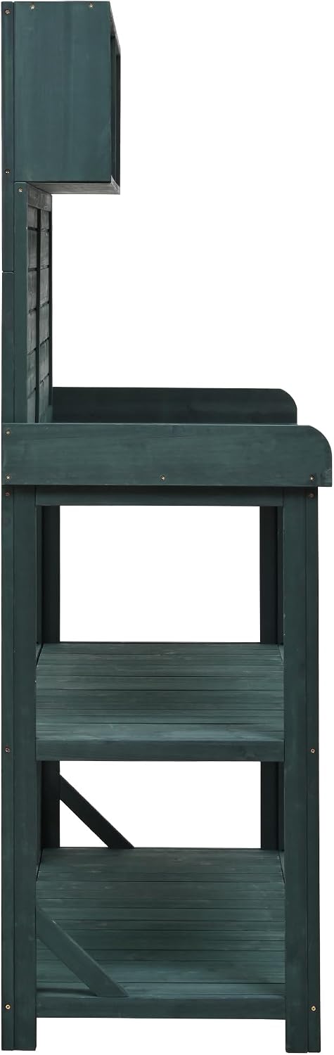 Roomfitters 65' Farmhouse Outdoor Potting Bench Table with 4 Storage Shelves and Side Hook, Forest Green