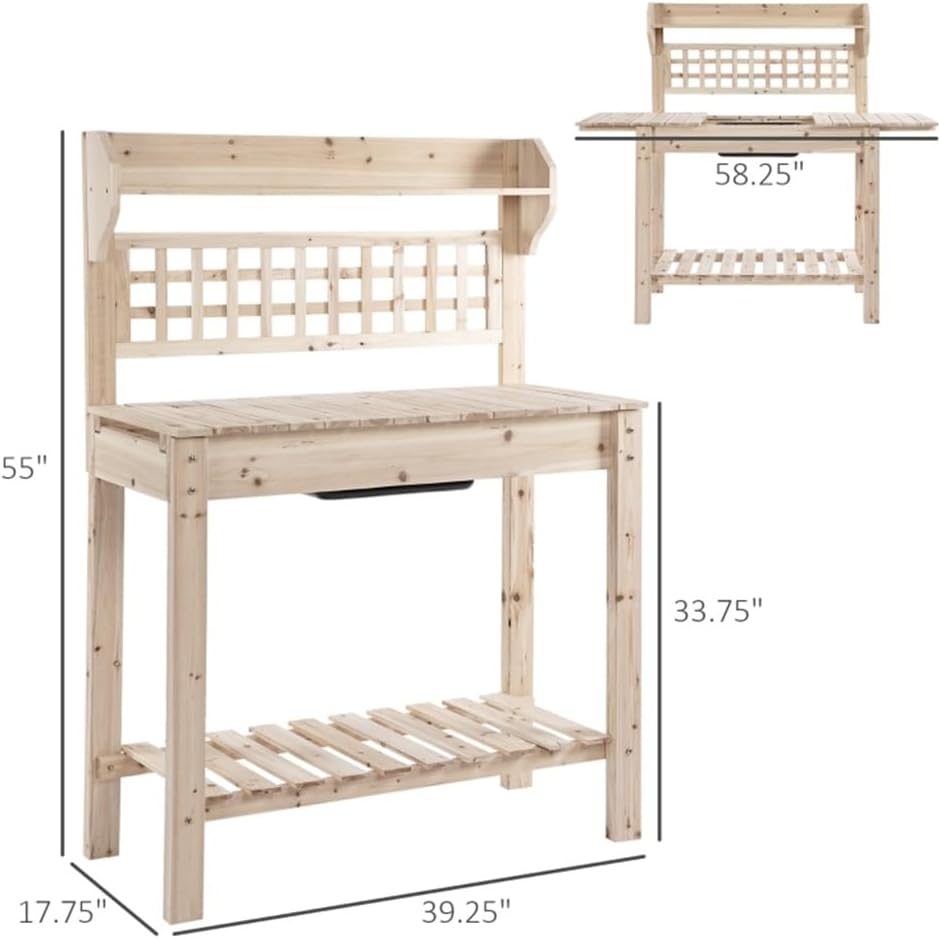 Outdoor Potting Bench W/Sliding Tabletop,Storage Shelf and Dry Sink,Wooden Workstation for Greenhouse,Garden,Patio(E)
