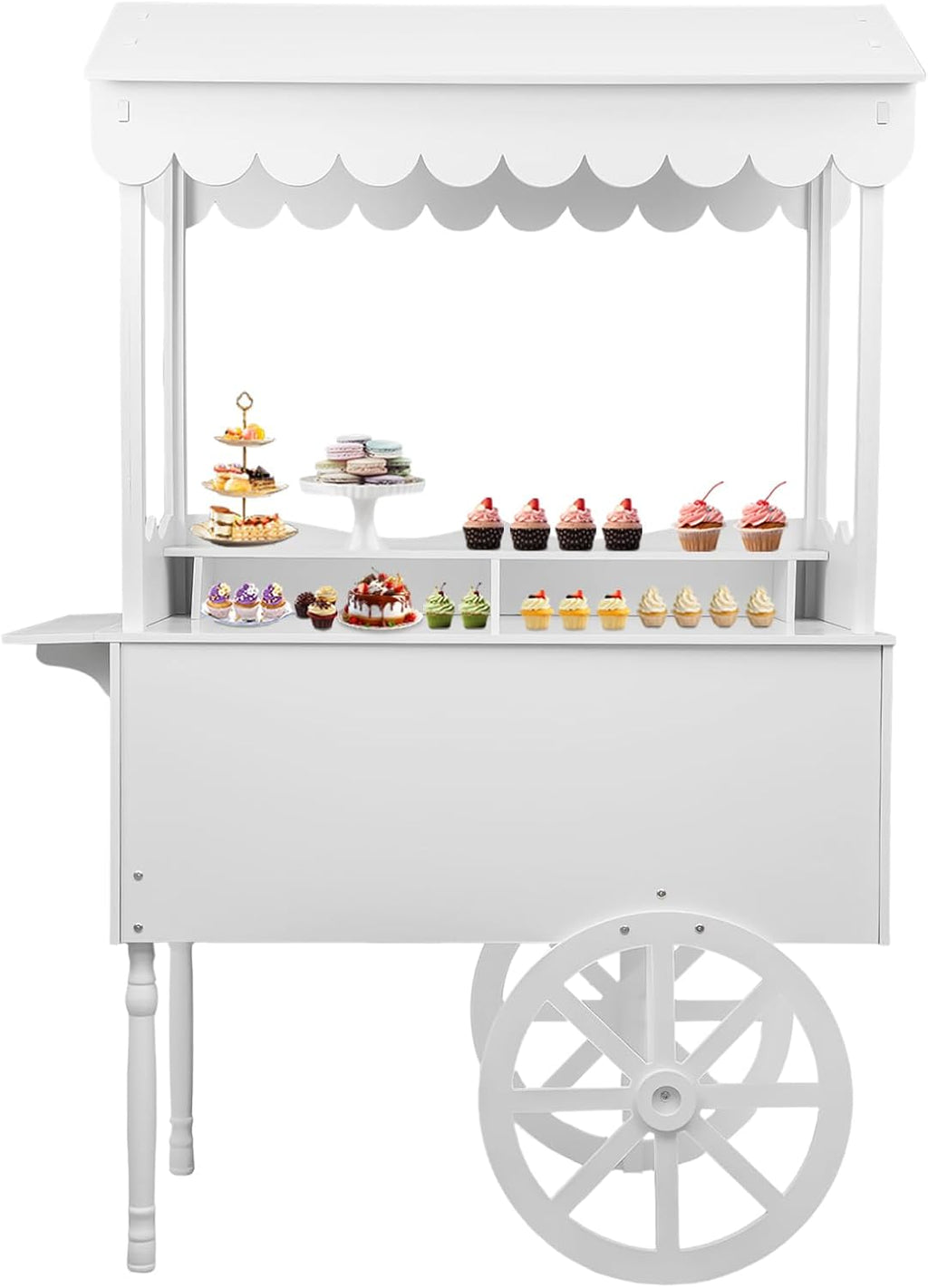 Large Country Market Wooden Rolling Table Cart, Antique Solid Wood Decor Display Rack Cart with Wheels, Rolling Table Carts for Display Various Flowers and Candy (White-1)