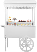 Large Country Market Wooden Rolling Table Cart, Antique Solid Wood Decor Display Rack Cart with Wheels, Rolling Table Carts for Display Various Flowers and Candy (White-1)