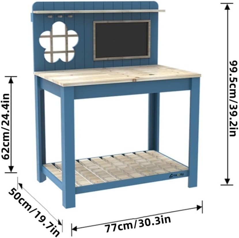 Outdoor Solid Wood Potting Bench, 2 Tier Potting Table with Sink and Hooks, Outdoor Potting Bench for Garden, Yard, Balcony, Garden Table with Tool Storage(Blue)