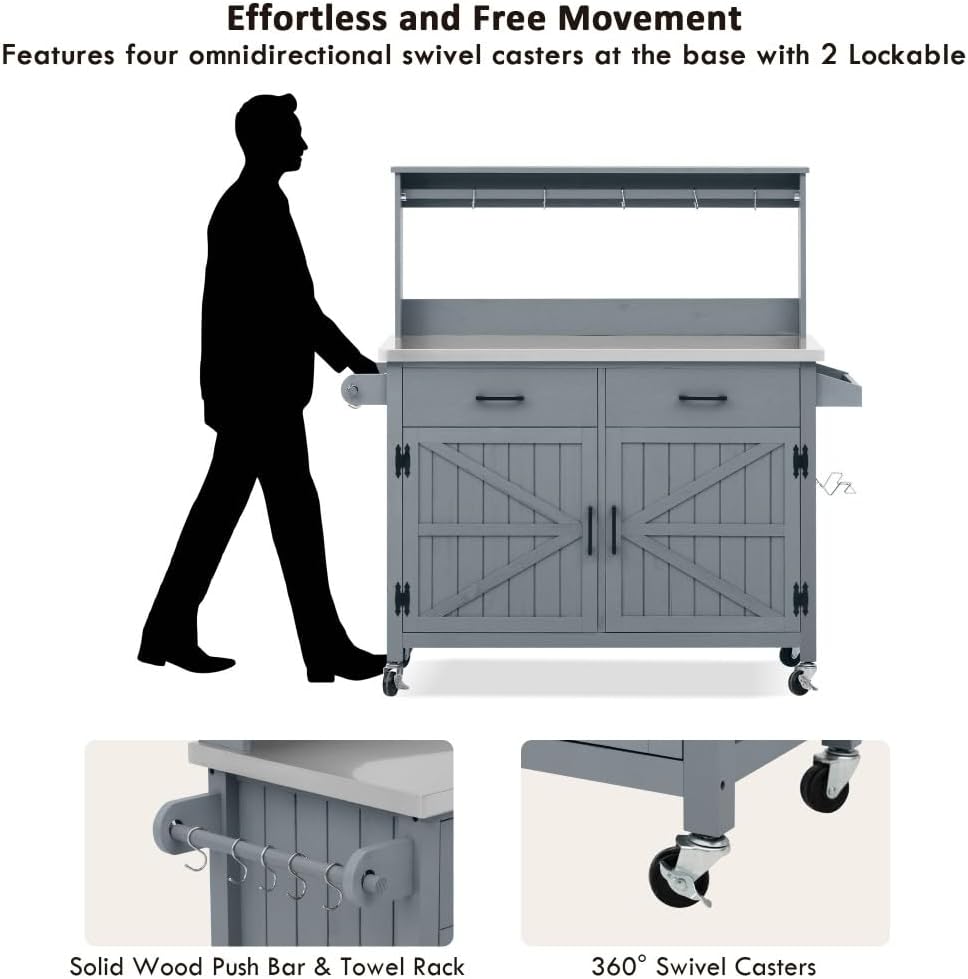 53.2' Outdoor Grill Cart with High Shelf, Large Kitchen Island with Stainless Steel Top, Storage Cabinets & Lockable Wheels, Mobile Potting Bench Table for BBQ & Garden (Grey+Blue)