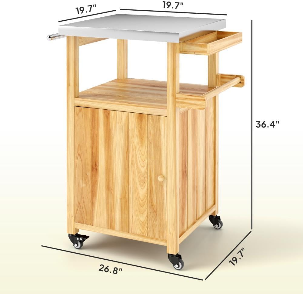 Outdoor Kitchen Island with Wheels, Solid Wood Outdoor Grill Table Cart with Stainless Steel Top and Storage Cabinet, Food Prep Station Pizza Oven Stand for BBQ, Patio, Kitchen, Natural Wood
