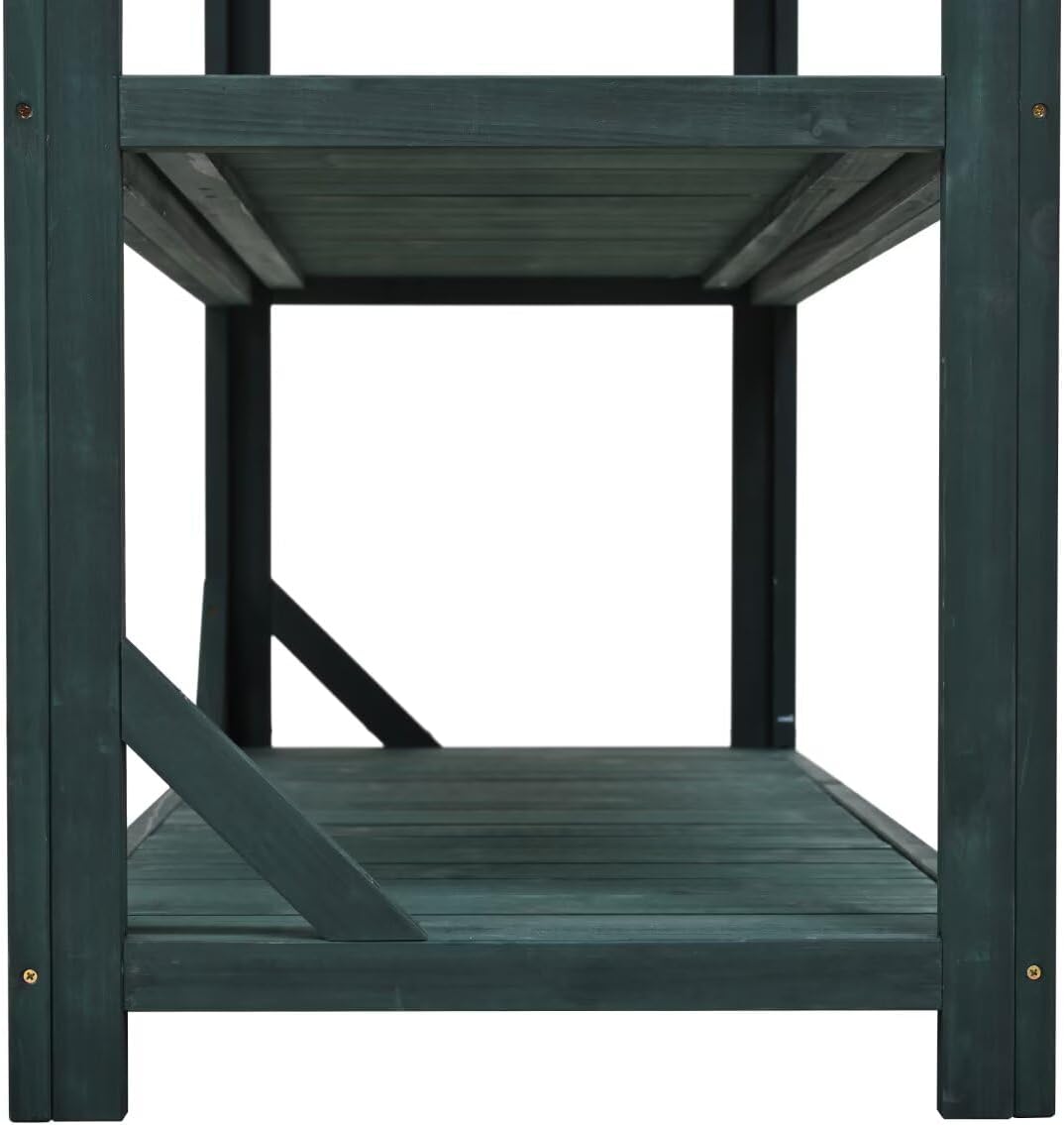 JIJIWANG 65' Large Wooden Farmhouse Rustic Outdoor Potting Bench Table, Patio Workstation, Garden Potting Bench with 4 Storage Shelves and Side Hook, Forest Green