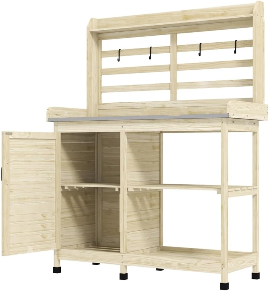 Country Style Outdoor Potting Bench with Storage - Natural Wood Garden Work Table for Planting, Sturdy Fir Wood Potting Station with Shelves & Cabinet, Easy Assembly, Holds 165lbs