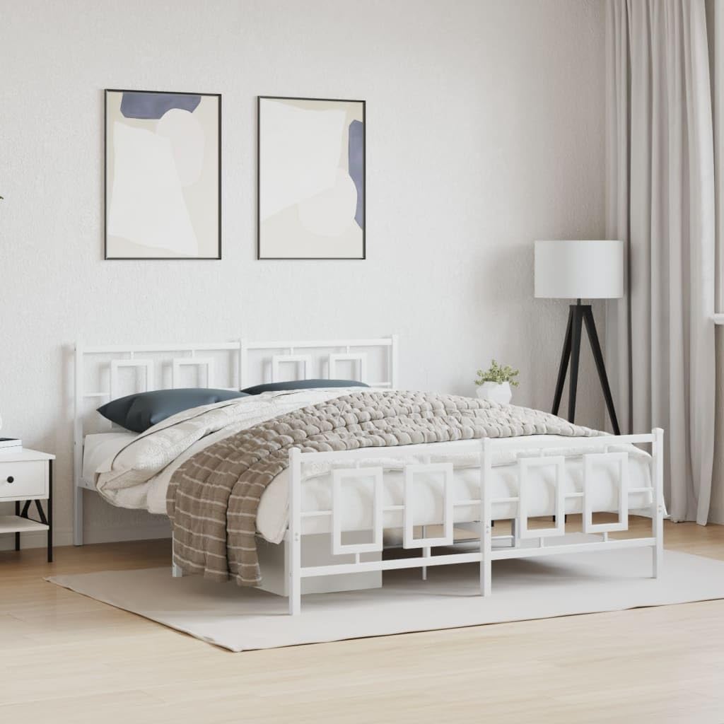 White Powder-Coated Steel King Bed Frame, Rectangular Metal Platform for King Size Mattress, Modern Bedroom Furniture with Under-Bed Storage