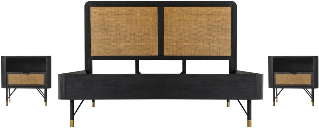 HomeStock King Bedroom Set Black Acacia Wood Rattan 3 Piece Bed Nightstands