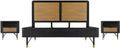 HomeStock King Bedroom Set Black Acacia Wood Rattan 3 Piece Bed Nightstands