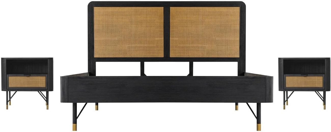 HomeStock King Bedroom Set Black Acacia Wood Rattan 3 Piece Bed Nightstands
